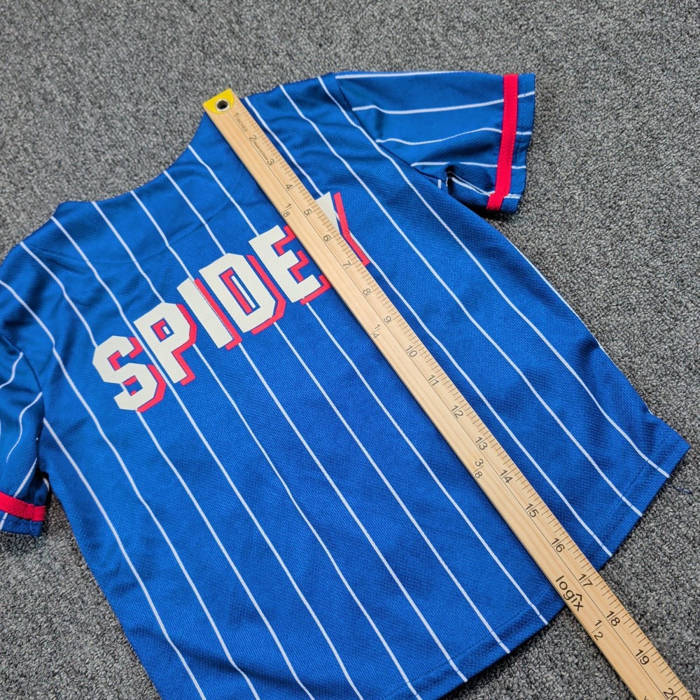 Marvel Spiderman Baseball Jersey Size 7 Blue Pinstripe Button Down Sporty Shirt - Picture 7 of 9